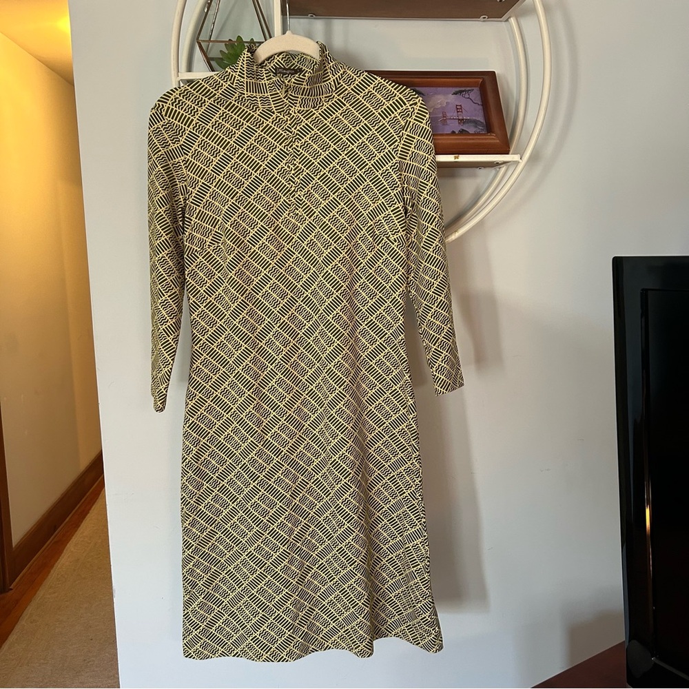 J. McLaughlin Sophie Dress Women’s Small Yellow Black Catalina Cloth 3/4 Sleeve